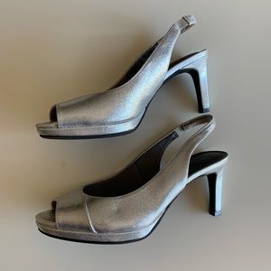 Silver peep toe slingbacks
